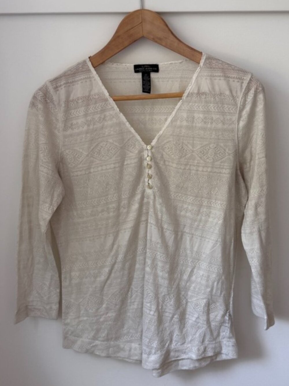 Lauren Ralph Lauren Lace Fabric Henley Top - Mascarpone Cream - Size M
